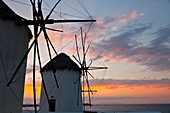 Windmills, Little Venice District, Mykonos Island, Greece.