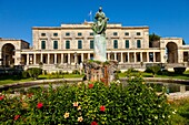 Hadrian sculpture in front of the palace of St. Michael and St. George Town of Corfu, Corfu, Ionian Islands, Greece, Mediterranean Sea.