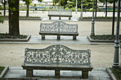 Park benches Alameda de Santiago de Compostela, A Coruña, Galicia, Spain, Europe