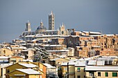 europe, italy, tuscany, siena, cathedral and ancient town with the snow