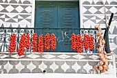 hot pepper, balcony, pyrgi village, island of chios, north east aegean sea, greece, europe