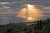 Looking across the gulf of Messinia towards Koroni from Langada in the Outer Mani, southern Peloponnese, Greece