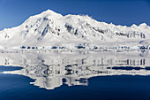 Snow-capped mountains reflected in the Neumayer Channel near Port Lockroy, Antarctica.