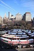 Overview of annual Holiday Market in Union Square, Manhattan, New York City  The market is held during Christmastime every year