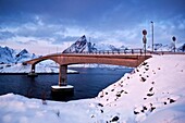 Winter view of bridge on E10 connecting Hamnøya and Toppøya islands, Lofoten islands, Norway