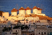 Sunrise over the traditional Greek windmills of Mykonos Chora  Cyclades Islands, Greece