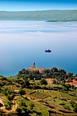 view of Bol and its vineyards looking towards Hvar island , Brac island, Croatia