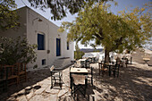 Open-air cafe in the town center Chora, Amorgos, Cyclades Islands, Greek Islands, Greece, Europe.
