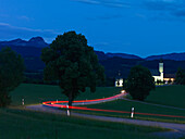 Church of Wilparting at night, Wendelstein in background, Irschenberg, Bavaria, Germany