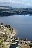 Aerial view of Te Anau township and Lake Te Anau  Fiordland National Park  New Zealand