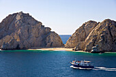 Cabo San Lucas, Mexico, Cabo, Baja California, beach, Lovers Beach, Lands End, Playa del Amor, tourist boat, tour, people, horizontal