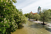 Muellersches Volksbad and Isar, swimming baths, architect Carl Hocheder, 1901, chestnut blossom, river,  Munich, Upper Bavaria, Bavaria, Germany, Europe