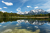 Luttensee, lake near Mittenwald in Spring with Karwendel mountains in the background, Werdenfelser Land, Baverian Alps, Upper Baveria, Bavaria, Germany, Europe