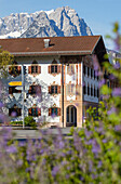 House on Rathausplatz square at the town hall, Partenkirchen, Zugspitze, Garmisch-Partenkirchen, Werdenfelser Land, Baverian Alps, Upper Baveria, Bavaria, Germany, Europe