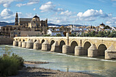 Looking across the Guadalquivir river and Roman bridge to the cathedral and historic centre of Cordoba, Andalucia, Spain.