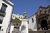 Plaza de Espana with church Iglesia Matriz de El Salvador and the monument of Manuel Hernandez Diaz in Santa Cruz de La Palma, capital of the island La Palma, Canary Islands, Spain, Europe.