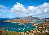 West over English Harbour and Nelson?s Dockyard from Shirley Heights on the south coast of Caribbean island of Antigua