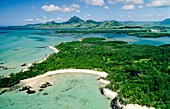 SW over beaches of Isle Aux Cerfs, Beau Rivage, toward Mt  Bambou and Lion Mt  in Domaine du Chasseur, east coast of Mauritius