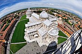 Aerial view with fisheye Piazza dei Miracoli from the campanile of the Leaning Tower of Pisa, Italy