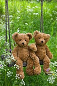 Two teddies are sitting on swing