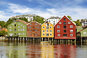 Colorful historic storage houses in Trondheim, Norway.