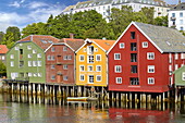 Colorful historic storage houses in Trondheim, Norway.