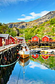 Lofoten Islands, Harbour with red fishermen's huts, nusfjord, Norway.