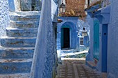 alley with blue houses and stairway, Chefchaouen, Morocco
