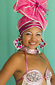 Trinidad Cuba beautiful dancer in costume portrait with headress and color from tourist show 12.