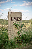 Stein markiert den Verlauf des Limes, Limes (Grenzwall der Römer) Park Rainau-Buch, Aalen, Ostalbkreis, Schwäbische Alb, Baden-Württemberg, Deutschland, UNESCO Weltkulturerbe
