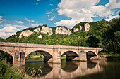 view of the Danube river, stone bridge and rocky landscape in the Upper Danube Nature Park, Sigmaringen, Tuttlingen, Zollernalb, Biberach, Swabian Alb, Baden-Wuerttemberg, Germany