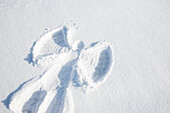 Schneeengel in unberührter Schneedecke einer Winterlandschaft im Nationalpark Kellerwald-Edersee, Vöhl, Nordhessen, Hessen, Deutschland, Europa