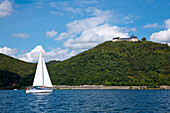 Sailboat on Lake Edersee near Schloss Waldeck castle, Lake Edersee, Hesse, Germany, Europe