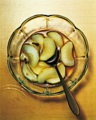 Stewed apples in a bowl with spoon, Fruit, Food