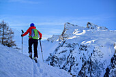 Woman back-country skiing ascending towards Frauenwand, Frauenwand, valley of Schmirn, Zillertal Alps, Tyrol, Austria