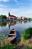 View over the Havel to the Hanseatic City Havelberg with the Church of Saint Lawrence and Havelberg Cathedral, Havelberg, Saxony-Anhalt, Germany