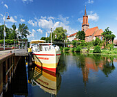 old Port at the Havel, Sankt-Marien-Andreas Church on Kirchberg, Rathenow, Brandenburg, Germany