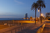 Platja de Barceloneta, Strand, Palmen, Hotel W Barcelona, Barceloneta, Barcelona, Katalonien, Spanien, Europa