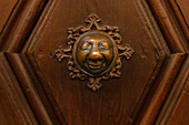 Door knob with moon face, historic city center, UNESCO world heritage site, Bamberg, Upper Franconia, Bavaria, Germany, Europe