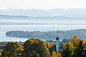 view from Ilkahoehe across Lake Starnberg to the alps, Autumn, chapel with onion shaped tower, near Tutzing, Starnberg five lakes region, Starnberg, Bavarian alpine foreland, Upper Bavaria, Bavaria, Germany, Europe