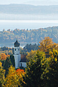 view from Ilkahoehe across Lake Starnberg to the alps, Autumn, chapel with onion shaped tower, near Tutzing, Starnberg five lakes region, Starnberg, Bavarian alpine foreland, Upper Bavaria, Bavaria, Germany, Europe