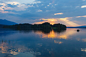 Staffelsee and Woerth island at sunset, Seehausen am Staffelsee, near Murnau, Blue Land, district Garmisch-Partenkirchen, Bavarian alpine foreland, Upper Bavaria, Bavaria, Germany, Europe