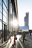 Clock tower on the station forecourt and entrance to main station, Riga, Latvia