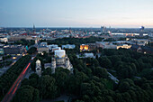 View from Radisson Blue Hotel over the old town in the evening, Kristus Piedzimsanas cathedral, liberty monument, Brivibas Boulevard at the park, St. Petri church, Daugava river, National Library, Riga, Latvia