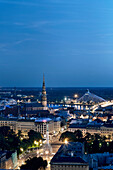 View over the old town at night, liberty monument, St. Petri church, Daugava river, National Library, old town, Riga, Latvia