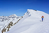 Woman back-country skiing ascending towards Palon de la Mare, Koenigsspitze in the background, Palon de la Mare, Val dei Forni, Ortler range, Lombardy, Italy