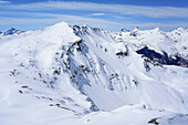 View to Piz Mezzaun, Piz Ueertsch and Piz Blaisun, Piz Arpiglia, Livigno Alps, Engadin, Grisons, Switzerland
