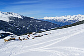 Nonsalm with view to valley of Inn and Karwendel range, Nonsalm, Gilfert, Tux Alps, Tyrol, Austria