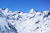 View to Koenigsspitze, from valley of Martell, Ortler range, South Tyrol, Italy