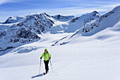 Frau auf Skitour steigt zum Pizzo Tresero auf, Punta Taviela und Punta Cadini im Hintergrund, Pizzo Tresero, Val dei Forni, Ortlergruppe, Lombardei, Italien